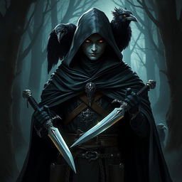 A Kenku Soulknife Rogue character from Dungeons & Dragons, prominently featuring a black cape with a hood