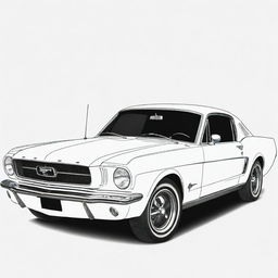 A stylish, two-dimensional black and white outline of a Ford Mustang for a colouring page.