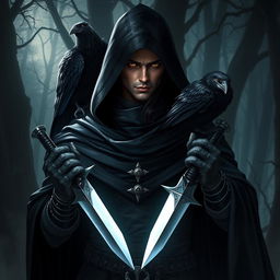 A Kenku Soulknife Rogue character from Dungeons & Dragons, prominently featuring a black cape with a hood