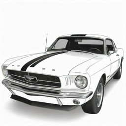 A stylish, two-dimensional black and white outline of a Ford Mustang for a colouring page.