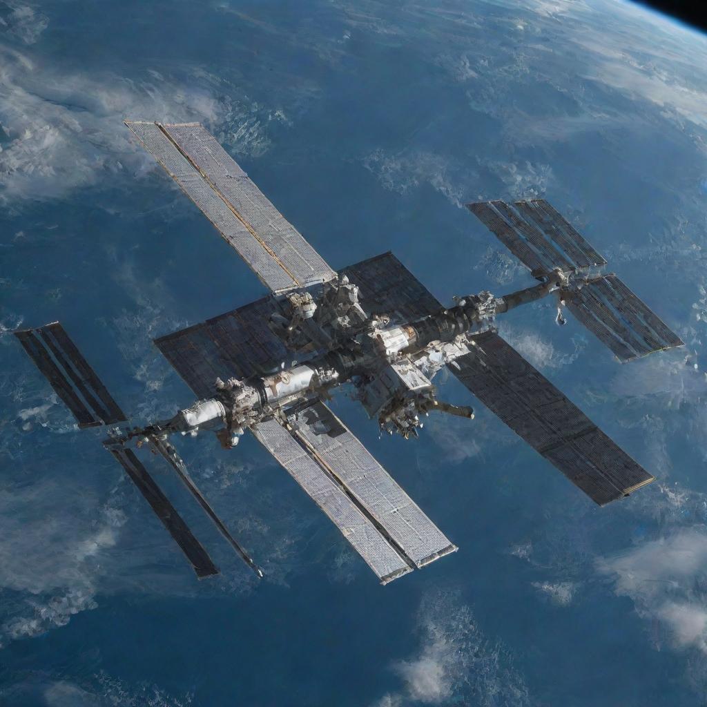 An impressive image of a space station orbiting Earth, with a detailed view of the structure against the backdrop of space and the planet.