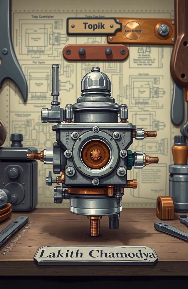 A detailed illustration of a vintage carburetor, specifically highlighting the Topik carburetor model