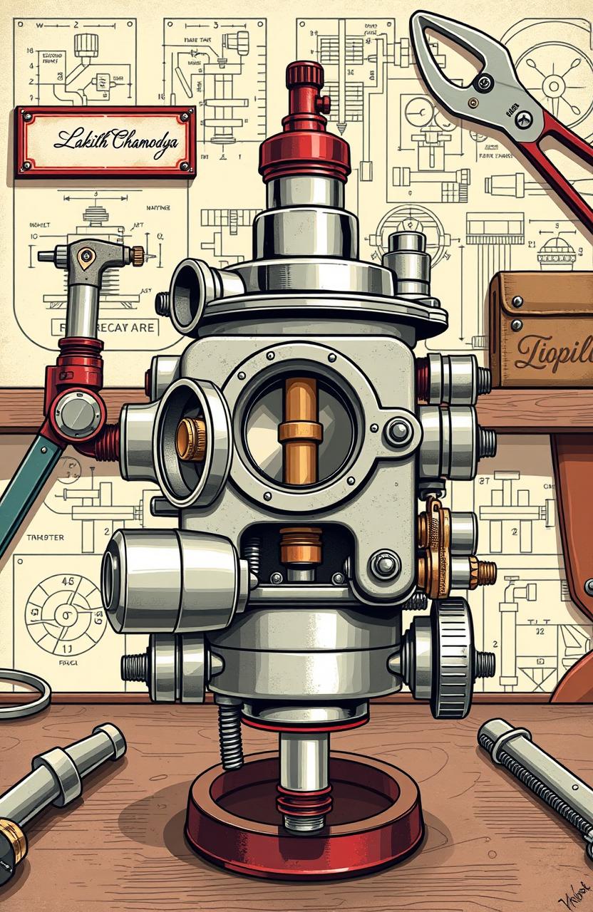 A detailed illustration of a vintage carburetor, specifically highlighting the Topik carburetor model