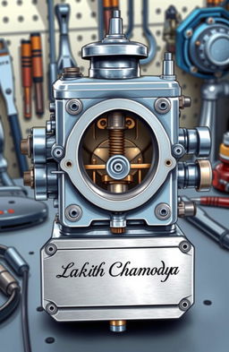 A highly detailed illustration of a carburetor, specifically showcasing a Topik carburetor with intricate mechanical components