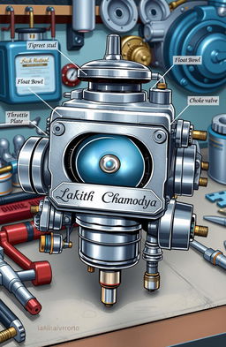 A highly detailed illustration of a carburetor, specifically showcasing a Topik carburetor with intricate mechanical components