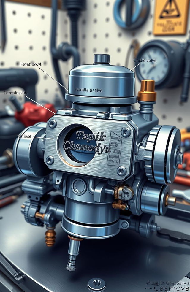 A highly detailed illustration of a carburetor, specifically showcasing a Topik carburetor with intricate mechanical components