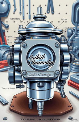 A highly detailed illustration of a carburetor, specifically showcasing a Topik carburetor with intricate mechanical components