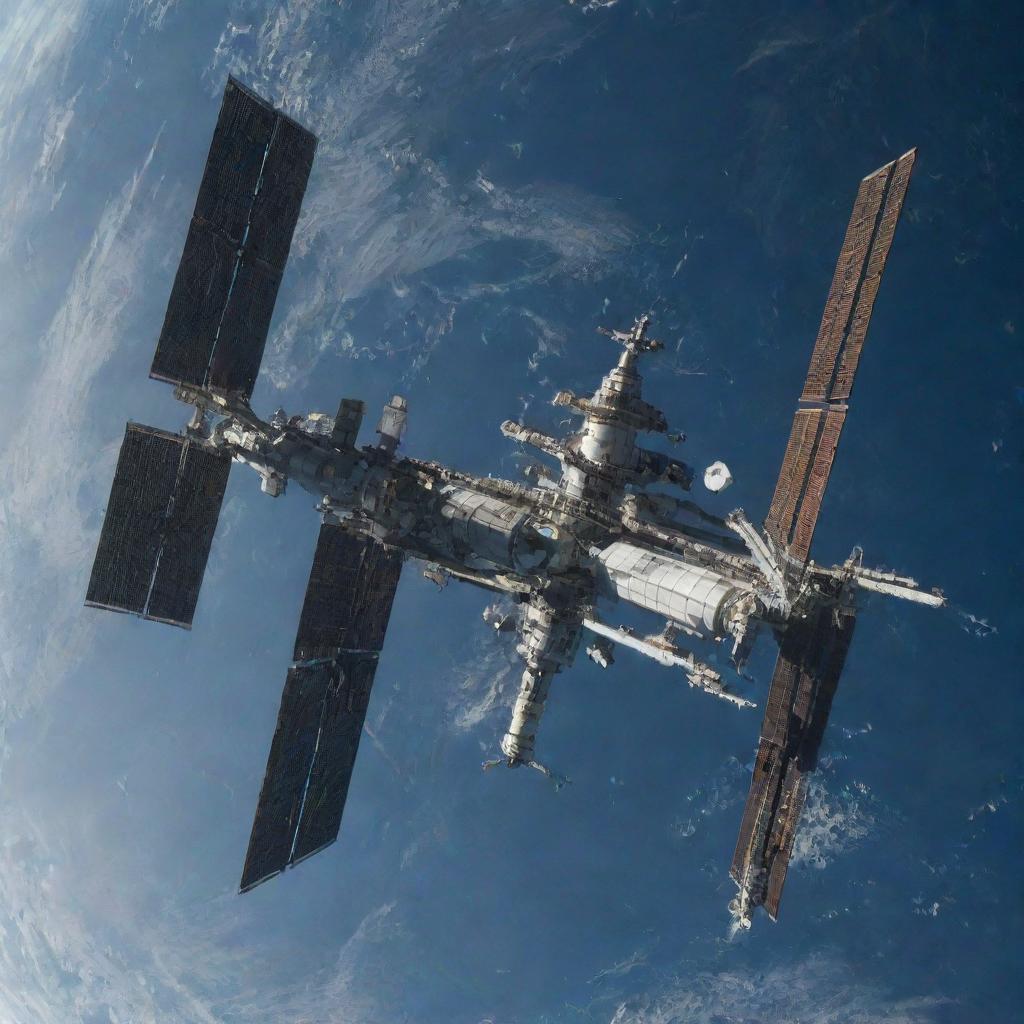 An impressive image of a space station orbiting Earth, with a detailed view of the structure against the backdrop of space and the planet.