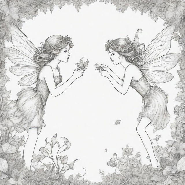 A magical, two-dimensional black and white outline of enchanting fairies for a colouring page.