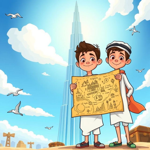 A vibrant and whimsical cartoon-style book cover featuring two Emirati boys standing proudly under the towering Burj Khalifa