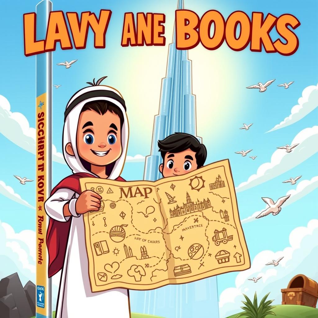 A vibrant and whimsical cartoon-style book cover featuring two Emirati boys standing proudly under the towering Burj Khalifa