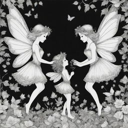 A magical, two-dimensional black and white outline of enchanting fairies for a colouring page.