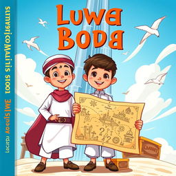 A vibrant and whimsical cartoon-style book cover featuring two Emirati boys standing proudly under the towering Burj Khalifa