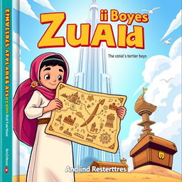 A vibrant and whimsical cartoon-style book cover featuring two Emirati boys standing proudly under the towering Burj Khalifa