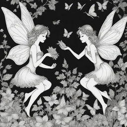 A magical, two-dimensional black and white outline of enchanting fairies for a colouring page.