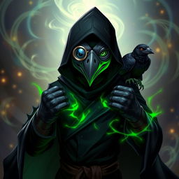 A Dungeons & Dragons-inspired Kenku character depicted as a Black Kenku Monk with humanoid features