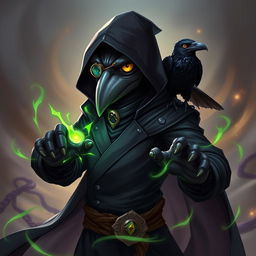 A Dungeons & Dragons-inspired Kenku character depicted as a Black Kenku Monk with humanoid features
