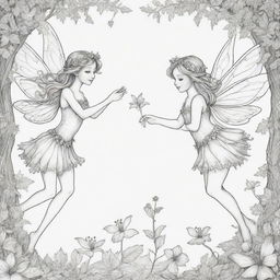 A magical, two-dimensional black and white outline of enchanting fairies for a colouring page.