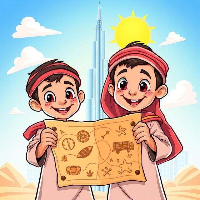 A colorful cartoon book cover featuring two Emirati boys, dressed in traditional attire, holding a treasure map excitedly