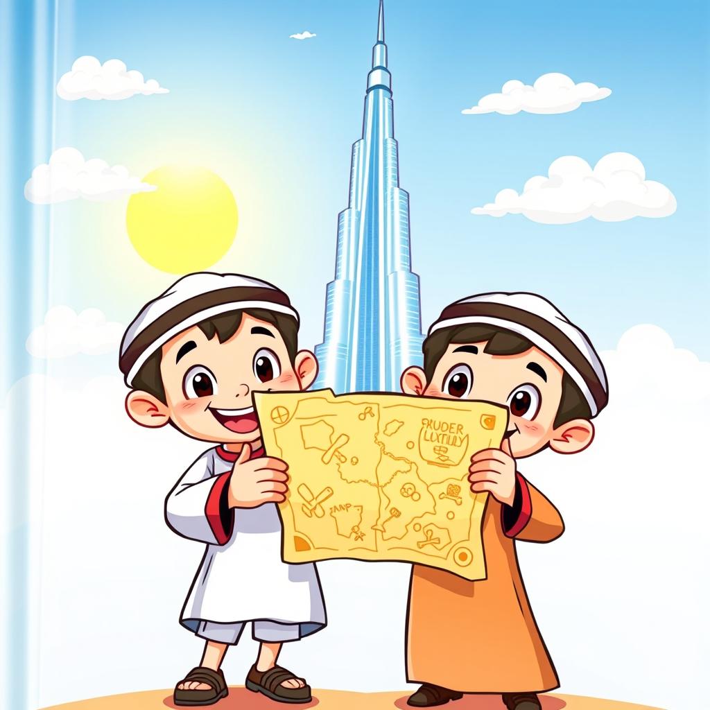 A colorful cartoon book cover featuring two Emirati boys, dressed in traditional attire, holding a treasure map excitedly