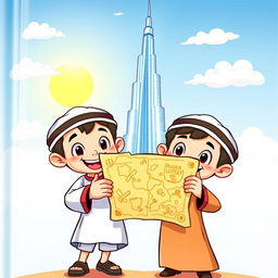 A colorful cartoon book cover featuring two Emirati boys, dressed in traditional attire, holding a treasure map excitedly