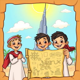 A colorful cartoon book cover featuring two Emirati boys, dressed in traditional attire, holding a treasure map excitedly
