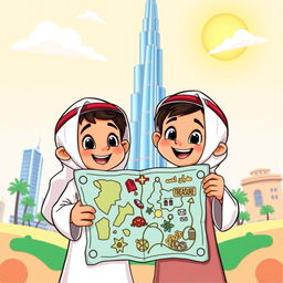 A colorful cartoon book cover featuring two Emirati boys, dressed in traditional attire, holding a treasure map excitedly