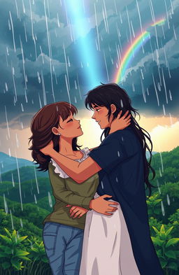 A romantic, heartwarming scene depicting a couple embracing each other under a vibrant stormy sky