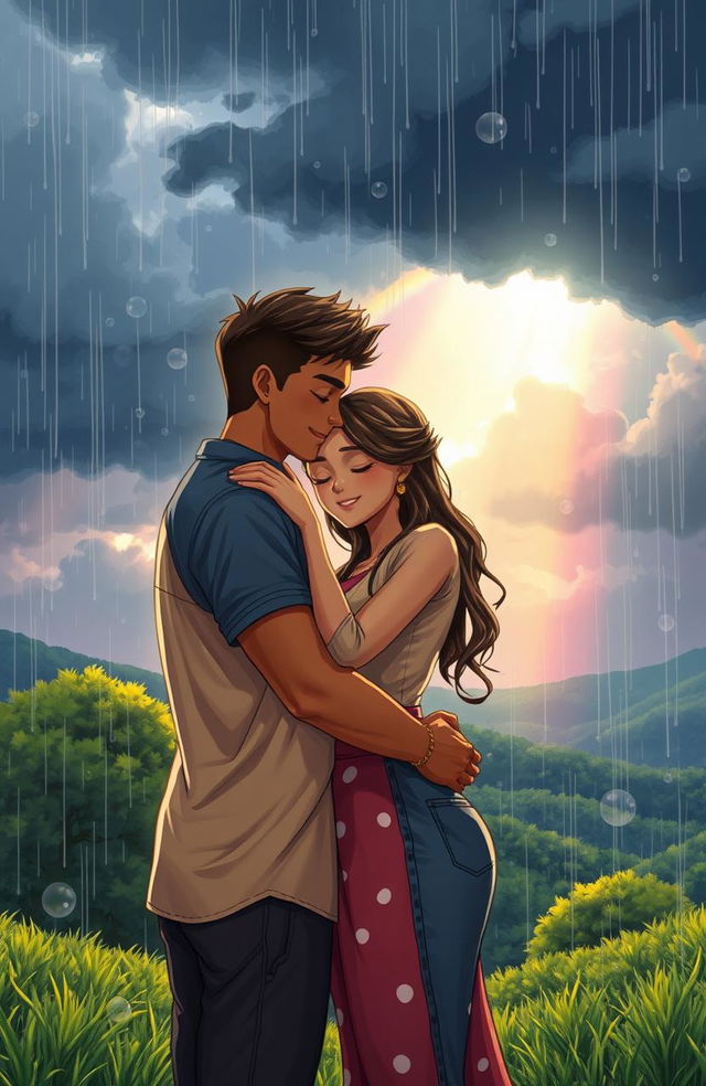 A romantic, heartwarming scene depicting a couple embracing each other under a vibrant stormy sky