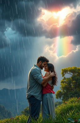A romantic, heartwarming scene depicting a couple embracing each other under a vibrant stormy sky