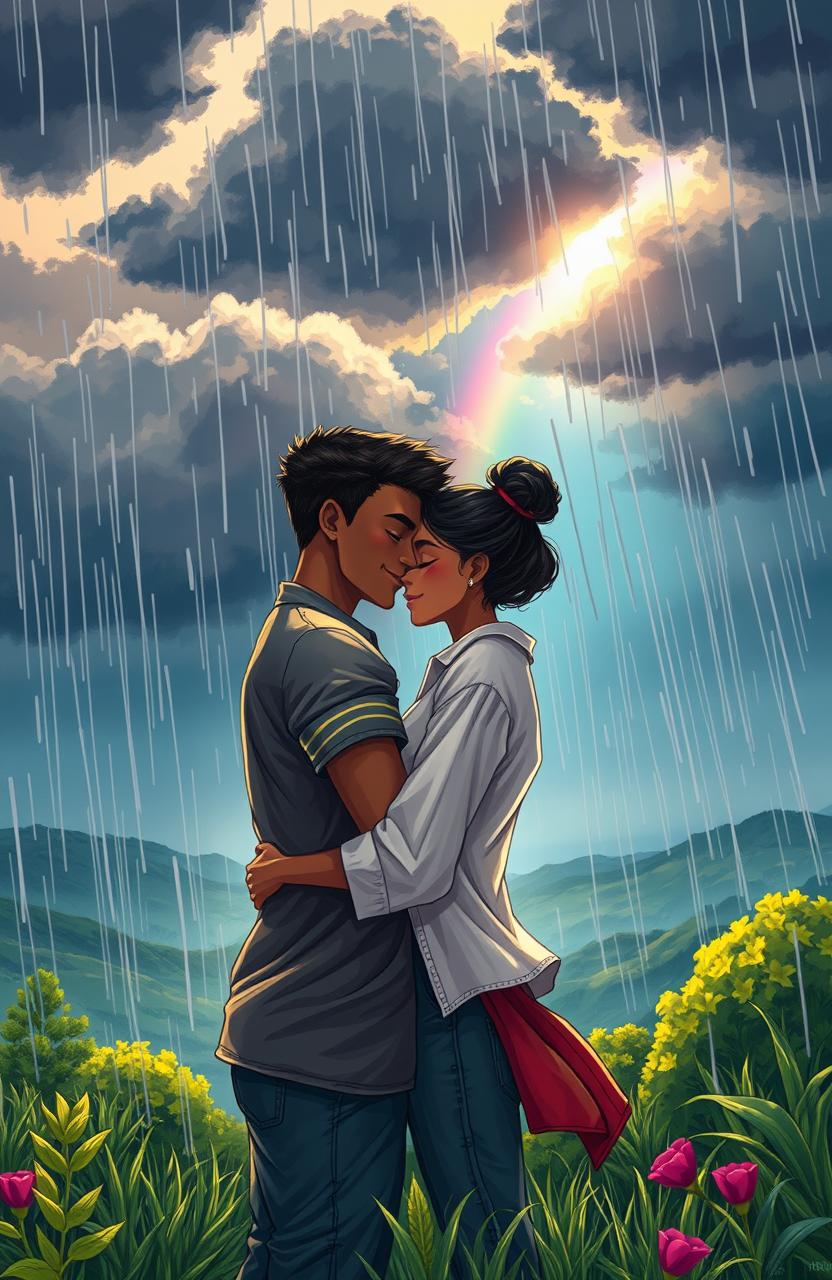 A romantic, heartwarming scene depicting a couple embracing each other under a vibrant stormy sky