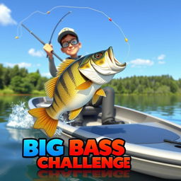 A dynamic 3D animation scene showcasing a fisherman catching a small bass from a sleek, modern fishing boat