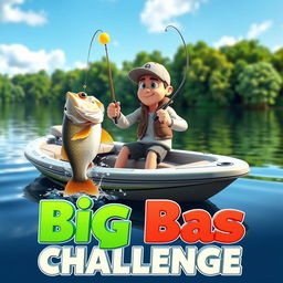 A dynamic 3D animation scene showcasing a fisherman catching a small bass from a sleek, modern fishing boat