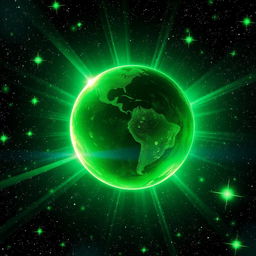 A vibrant, vivid illustration of a distant space scene showcasing a green-tinted planet floating amidst a field of twinkling stars