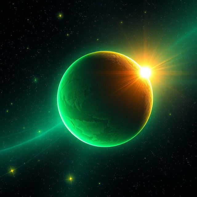 A vibrant, vivid illustration of a distant space scene showcasing a green-tinted planet floating amidst a field of twinkling stars