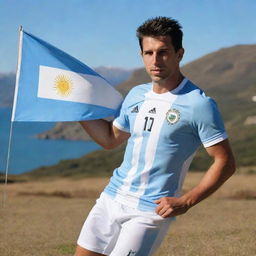 A colorful image of an Argentine individual, possibly with elements such as Tango dance, football, the Argentinian flag, or beautiful natural landscapes of Argentina in the background.