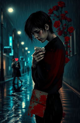 A dramatic and intense visual representation of suffering intertwined with love