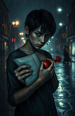 A dramatic and intense visual representation of suffering intertwined with love
