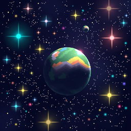 A captivating illustration of a space scene featuring a pixelated planet amidst a dazzling expanse of stars