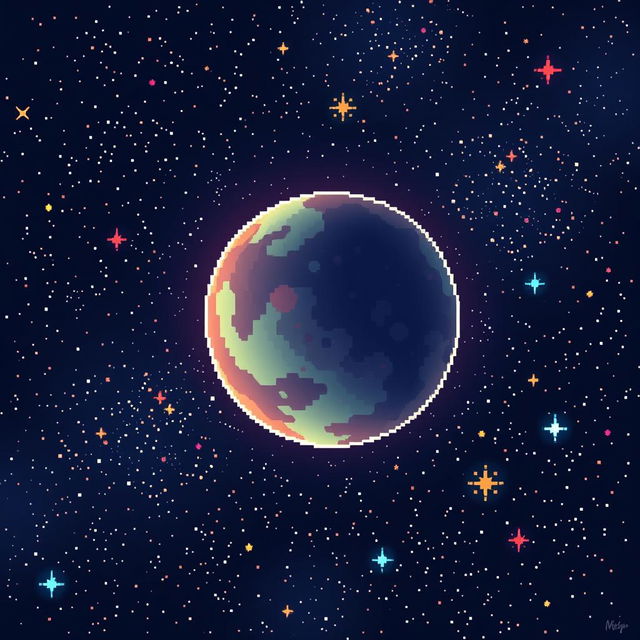 A captivating illustration of a space scene featuring a pixelated planet amidst a dazzling expanse of stars