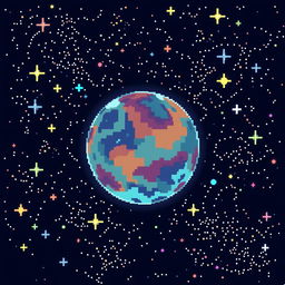 A captivating illustration of a space scene featuring a pixelated planet amidst a dazzling expanse of stars