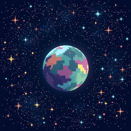 A captivating illustration of a space scene featuring a pixelated planet amidst a dazzling expanse of stars