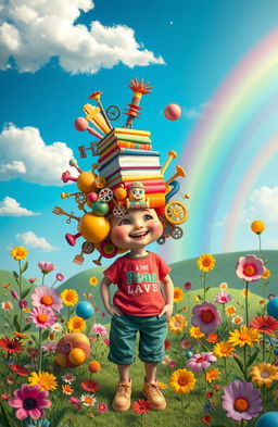 A whimsical scene featuring a person with a head made entirely of various objects, such as books, gears, fruits, and toys, symbolizing creativity and knowledge