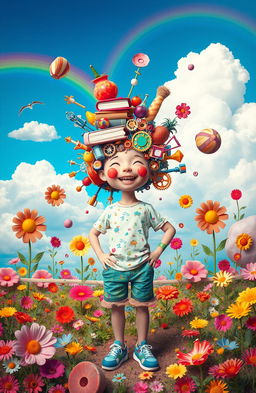 A whimsical scene featuring a person with a head made entirely of various objects, such as books, gears, fruits, and toys, symbolizing creativity and knowledge