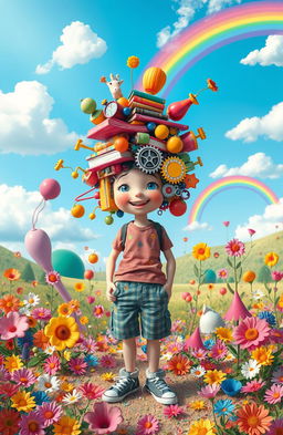 A whimsical scene featuring a person with a head made entirely of various objects, such as books, gears, fruits, and toys, symbolizing creativity and knowledge
