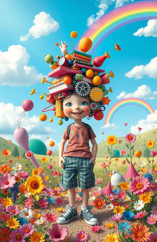 A whimsical scene featuring a person with a head made entirely of various objects, such as books, gears, fruits, and toys, symbolizing creativity and knowledge