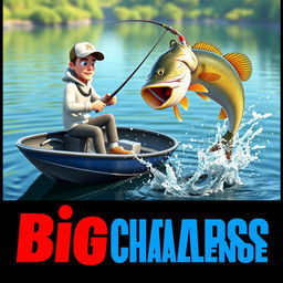 A dynamic 3D animation scene featuring a fisherman catching a small bass from a sleek, modern boat
