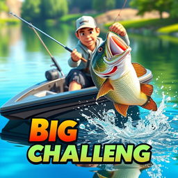 A dynamic 3D animation scene featuring a fisherman catching a small bass from a sleek, modern boat
