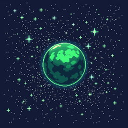 A beautiful illustration of a space scene featuring a green pixelated planet floating in a galaxy filled with shimmering stars