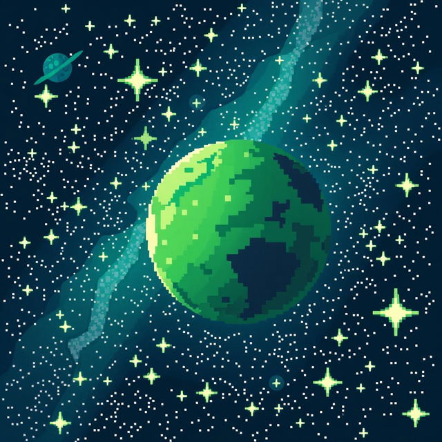 A beautiful illustration of a space scene featuring a green pixelated planet floating in a galaxy filled with shimmering stars